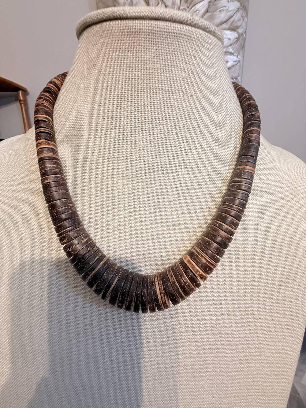 Vintage 18” Wood Heishi Bead Choker Necklace